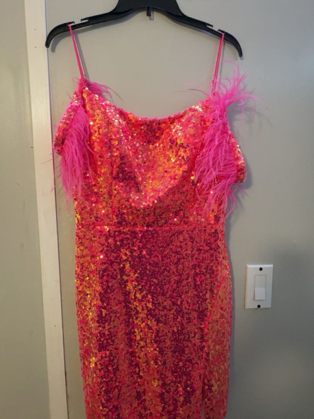 Hot Pink Sequin Feather Strap Dress